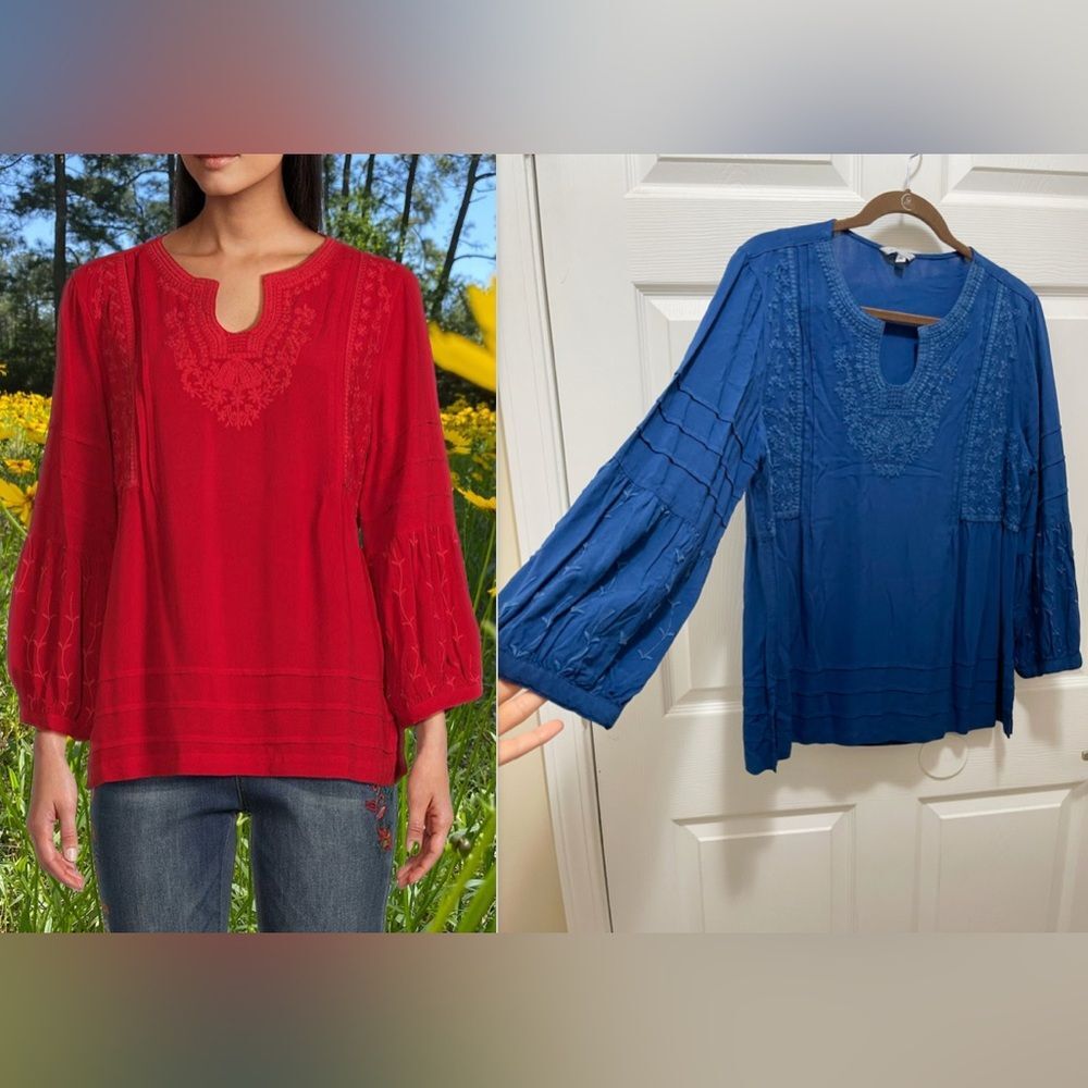John Mark Womens Embroidered Top Blouse Tunic Size M 3/4 Ruffle Sleeve NWT